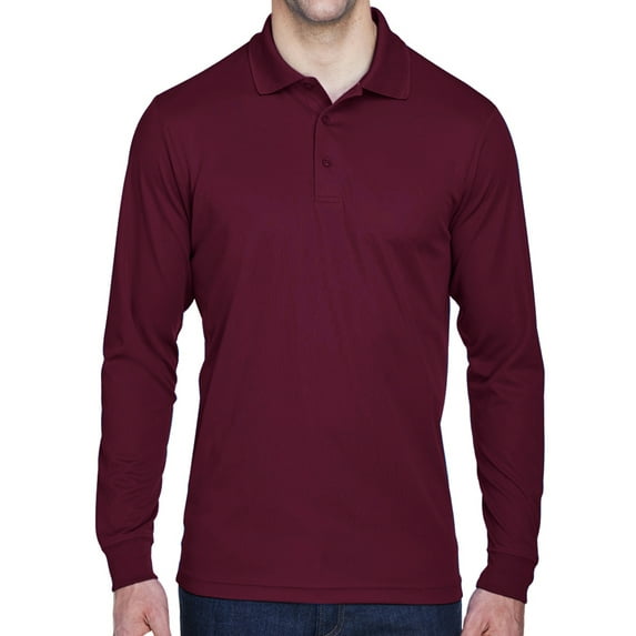 Mens Moisture-Wicking Long Sleeve Polo Shirt - Burgundy, Large