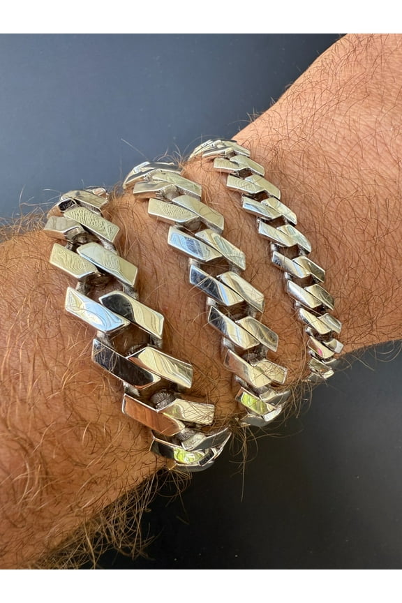 Mens Monaco Prong Cuban Link Bracelet Hollow Rhodium Real 925 Silver 9-13mm Size
