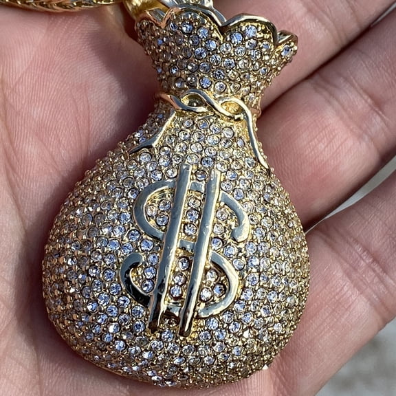 Mens Money Bag Hip Hop Chain Iced Dollar Sign Pendant Gold Finish Franco Necklace 36"