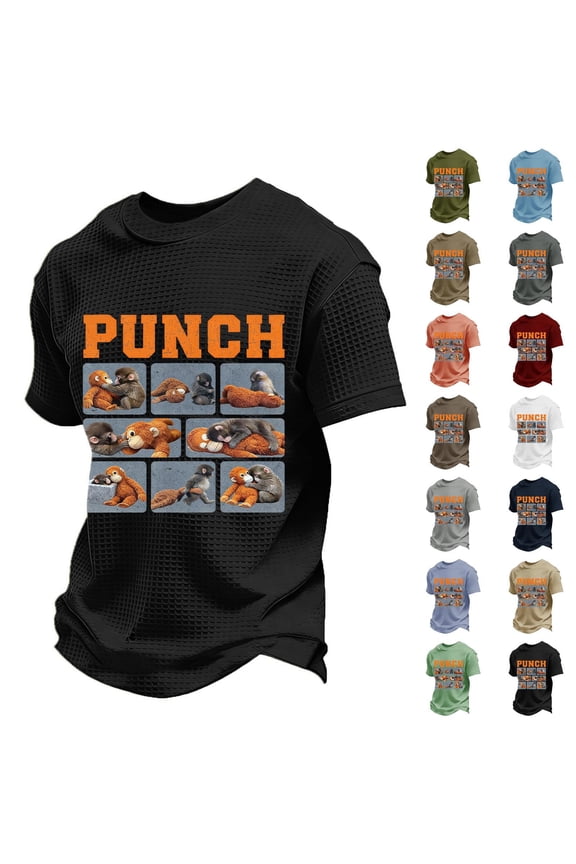 Mens Monkey T-shirts Waffle Crweneck Short Sleeve T Shirts Regular Fit Breathable Punch Graphic Tshirts, Black L