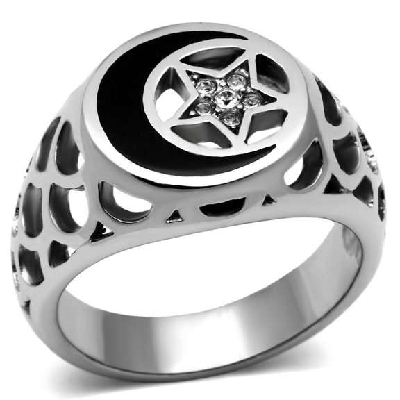 Mens Moon and Star Rings Black Fancy Stainless Steel Ring with Top Grade Crystal in Clear