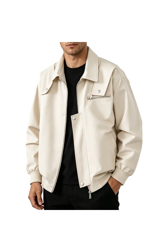 Mens Moto Jacket Vintage Snap Zip Dual Front Asymmetrical Chest Pocket Rib Elastic Cuff Coat Windbreaker Jackets for Men Beige S