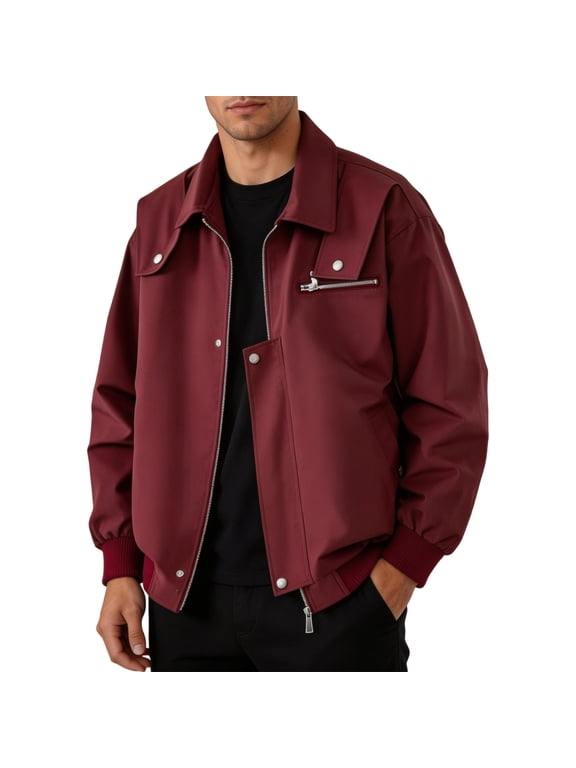 Mens Moto Jacket Vintage Snap Zip Dual Front Asymmetrical Chest Pocket Rib Elastic Cuff Coat Windbreaker Jackets for Men Red 3XL