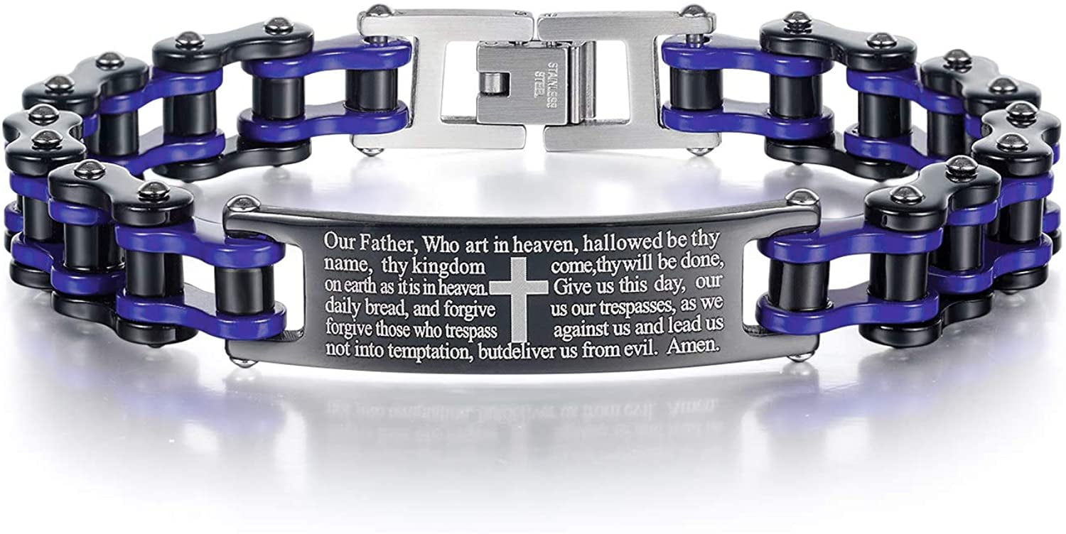 Mens Motorcycle Bike Link Chain Lord's Prayer English Christian Cross Bracelet Size 8 Inch or Size 9 Inch (Blue, 8 Inch)