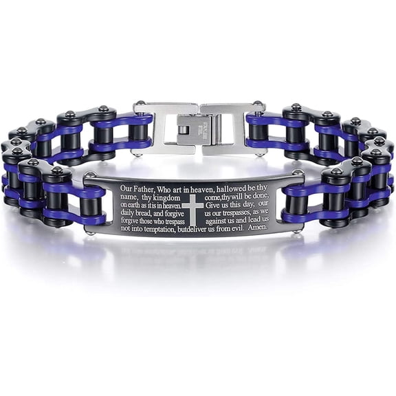 Mens Motorcycle Bike Link Chain Lord's Prayer English Christian Cross Bracelet Size 8 Inch or Size 9 Inch (Blue, 8 Inch)