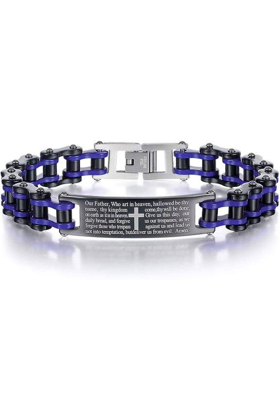 Mens Motorcycle Bike Link Chain Lord's Prayer English Christian Cross Bracelet Size 8 Inch or Size 9 Inch (Blue, 8 Inch)