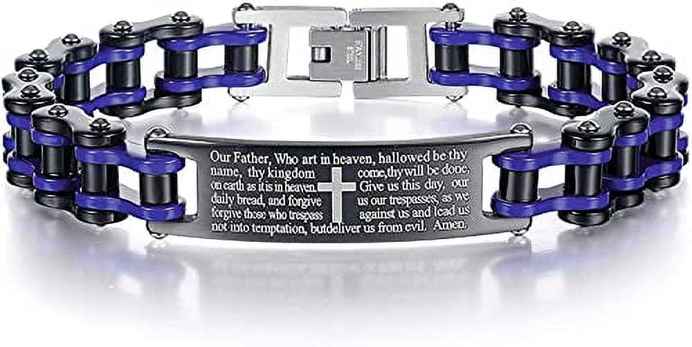 Mens Motorcycle Bike Link Chain Lord's Prayer English Christian Cross Bracelet Size 8 Inch or Size 9 Inch (Blue, 9 Inch)