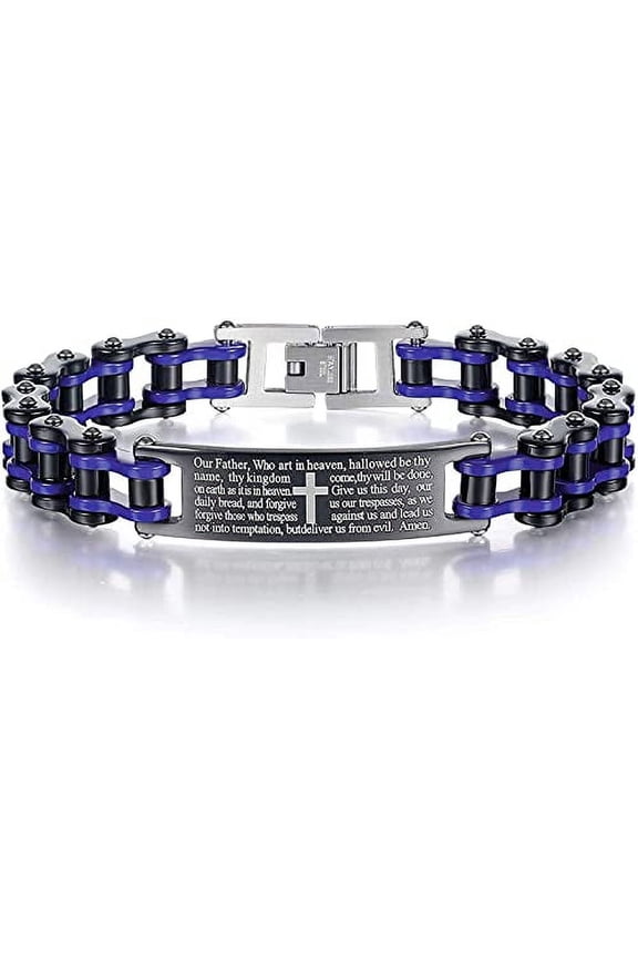 Mens Motorcycle Bike Link Chain Lord's Prayer English Christian Cross Bracelet Size 8 Inch or Size 9 Inch (Blue, 9 Inch)