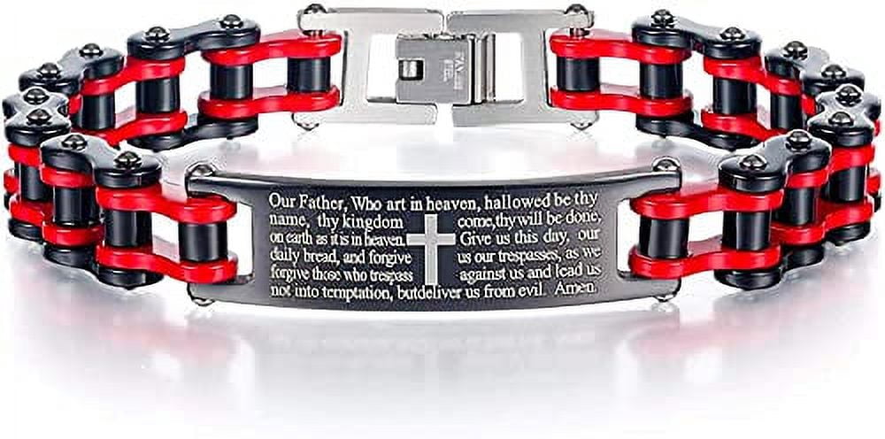 Mens Motorcycle Bike Link Chain Lord's Prayer English Christian Cross Bracelet Size 8 Inch or Size 9 Inch (Red, 8 Inch)