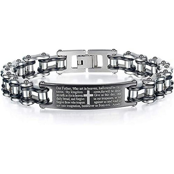 Mens Motorcycle Bike Link Chain Lord's Prayer English Christian Cross Bracelet Size 8 Inch or Size 9 Inch (Silver, 9 Inch)