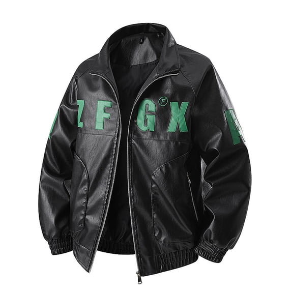 Mens Motorcycle Bomber Jackets Faux Leather Vintage Racing Collared Coats Windbreaker Long Sleeve Zipper Biker Jacket Black, 2XL