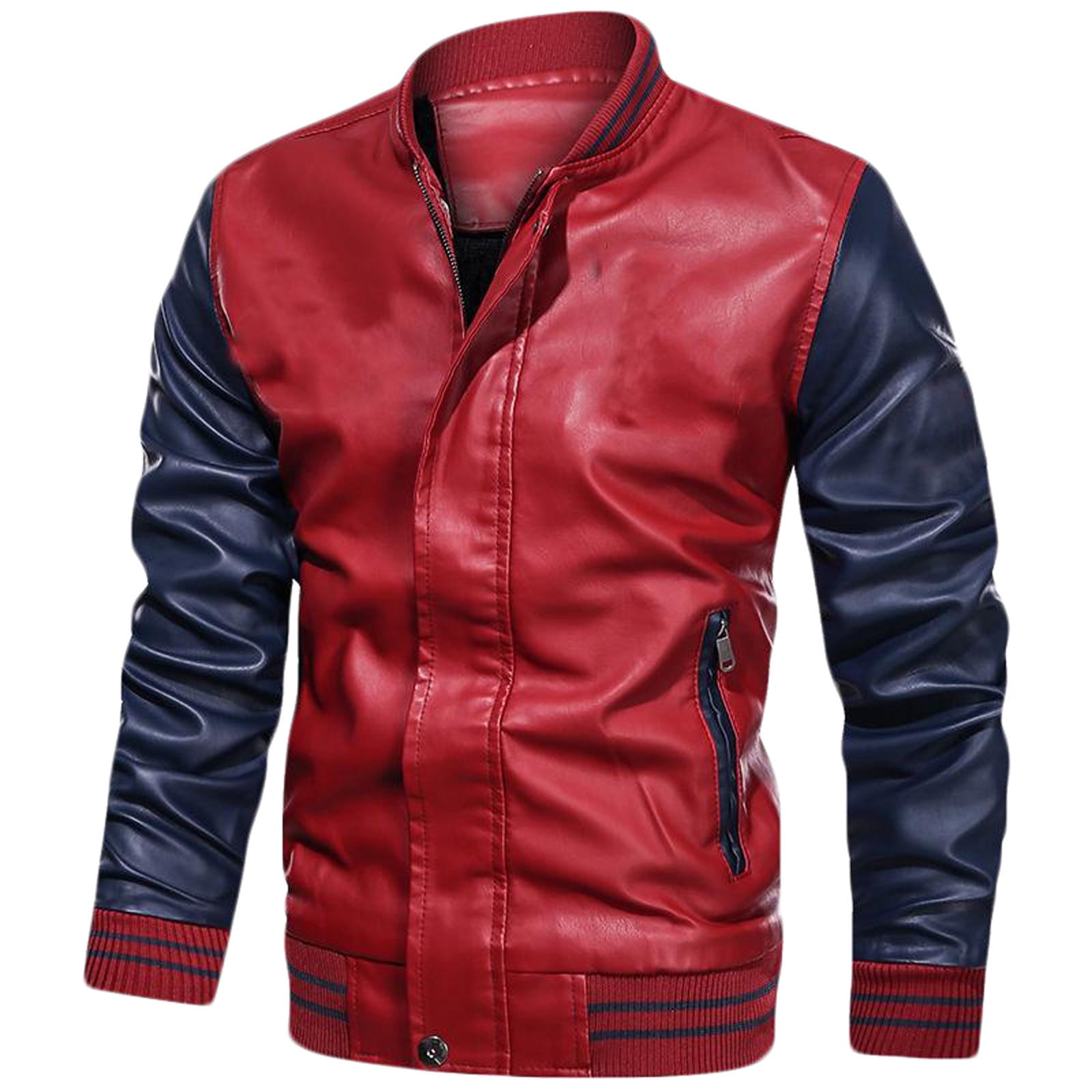Mens Motorcycle Leather jacket Lightweight Stand Collar Faux Leather Bomber Jacket Fall Winter Casual Motor Biker Jacket Outwear