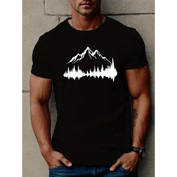 Mens Mountains & Trees Graphic T-Shirt - Lightweight, Breathable Short Sleeve Tee for Summer Adventures - Casual Style