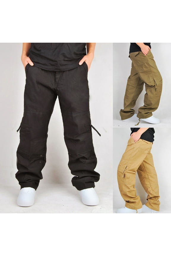 Mens Multi Pockets 100% Cotton Cargo Pants Button Fly Ripstop Jogger Trouser Size S-2XL Khaki