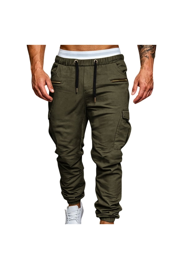 Mens Multi-Pockets Cargo Pants Elastic Waist Slim Fit Hiking Fishing Trousers Fashion Streetwear Dad Gifts
