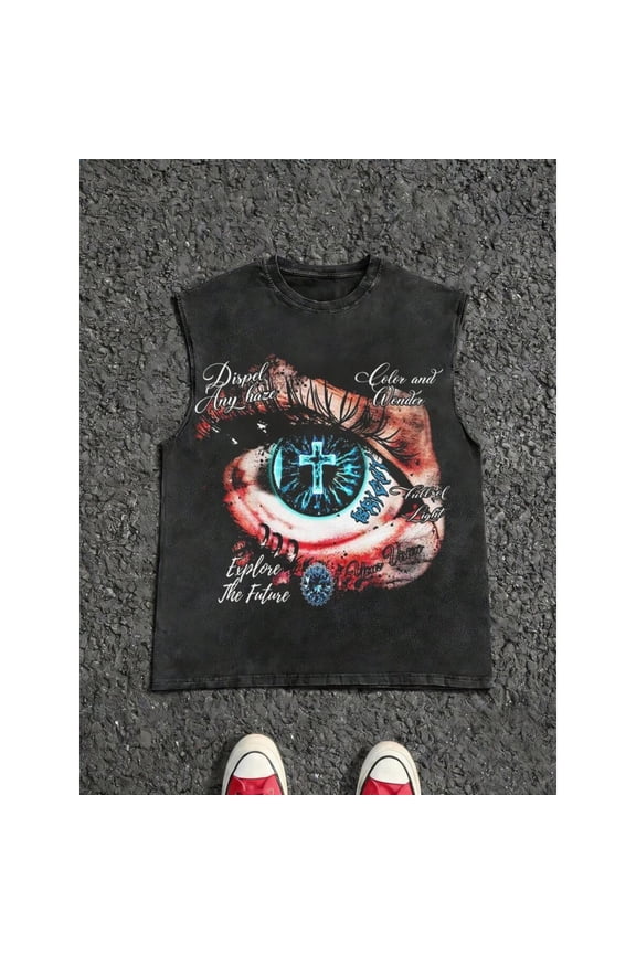 Mens Multicolor Printed Crew Neck Sleeveless Tank Top With Eye Graphic Design