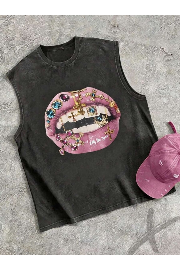 Mens Multicolor Printed Crew Neck Sleeveless Tank Top With Graphic Lip Design