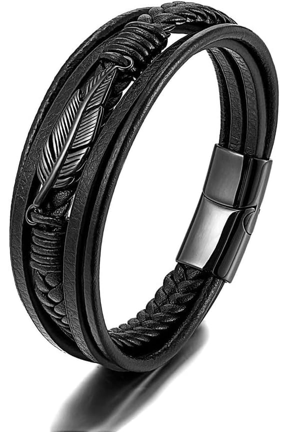 Mens Multilayer Braided Leather Bracelet Stainless Steel Angel Wing Feather Bracelet for Men