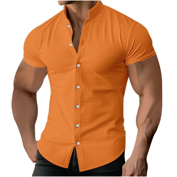 Mens Muscle Fit Dress Shirts Solid Color Short Sleeve Stand Up Collar Tops Cotton Linen Stretch Button Down Shirts