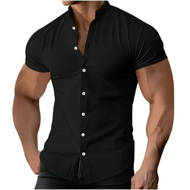 Mens Muscle Fit Dress Shirts Solid Color Short Sleeve Stand Up Collar Tops Cotton Linen Stretch Button Down Shirts
