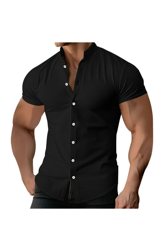 Mens Muscle Fit Dress Shirts Solid Color Short Sleeve Stand Up Collar Tops Cotton Linen Stretch Button Down Shirts