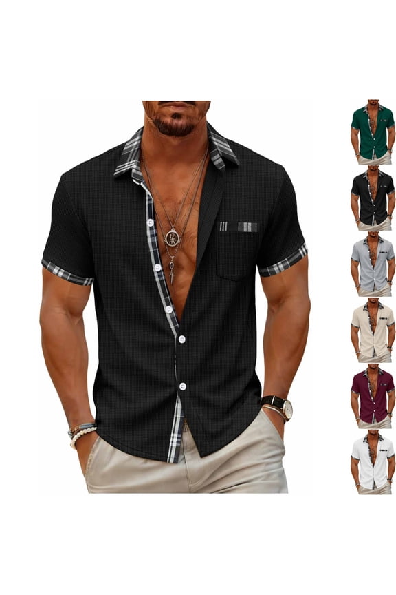 Mens Muscle Fit Short Sleeve Button Down Shirt Waffle Knit Contrast Plaid Trim Casual Summer Beach Vacation Shirts Soft Stretch Lightweight Top with Chest Pocket, Cruise Resort Wear