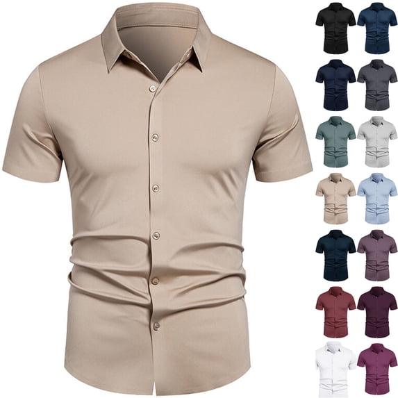 Mens Muscle Fit Short Sleeve Button Down Shirts Wrinkle Free Business Casual Dress Shirts Stretch Lightweight Breathable Untucked Tops Summer Office Party Wear