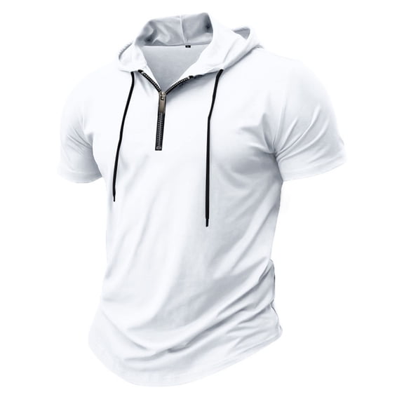 Mens Muscle Fit Short Sleeve Hoodie 1/4 Zip T-Shirts Workout Athletic Tee, Curved Hem Summer Bodybuilding Training Tops Raglan Stretch Breathable Shirts