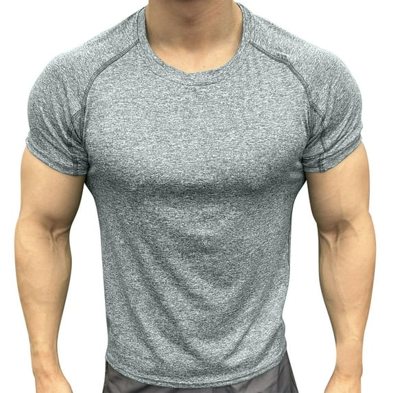 Mens Muscle Fit Short Sleeve T-Shirts Quick Dry Athletic Workout Tees Crew Neck Bodybuilding Training Tops Breathable Stretch Heather Activewear Base Layer