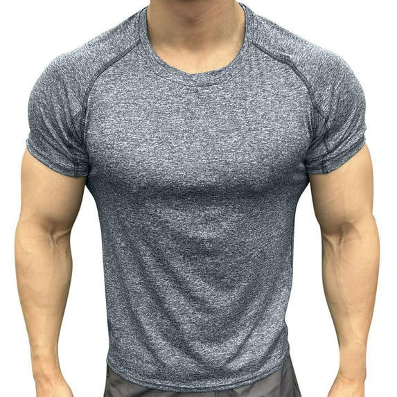 Mens Muscle Fit Short Sleeve T-Shirts Quick Dry Athletic Workout Tees Crew Neck Bodybuilding Training Tops Breathable Stretch Heather Activewear Base Layer