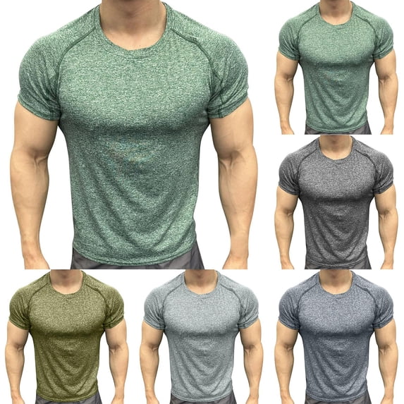 Mens Muscle Fit Short Sleeve T-Shirts Quick Dry Athletic Workout Tees Crew Neck Bodybuilding Training Tops Breathable Stretch Heather Activewear Base Layer
