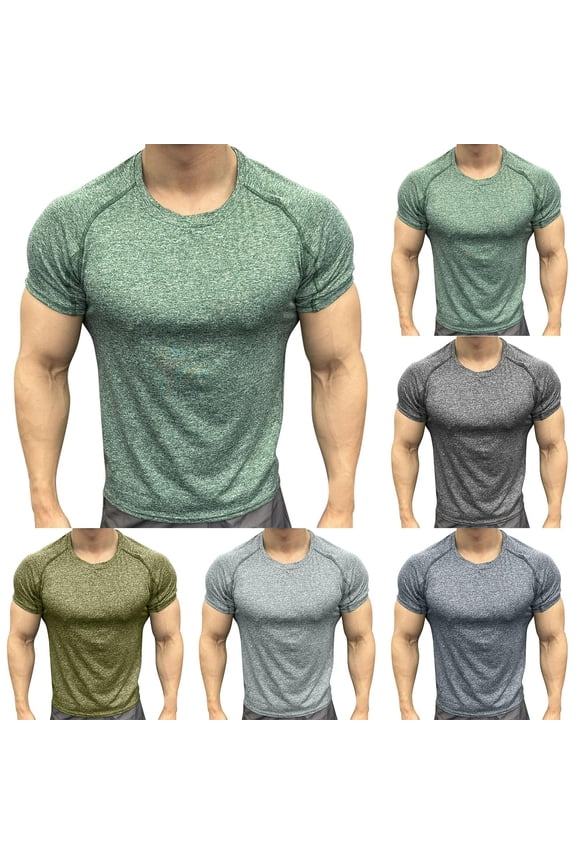 Mens Muscle Fit Short Sleeve T-Shirts Quick Dry Athletic Workout Tees Crew Neck Bodybuilding Training Tops Breathable Stretch Heather Activewear Base Layer