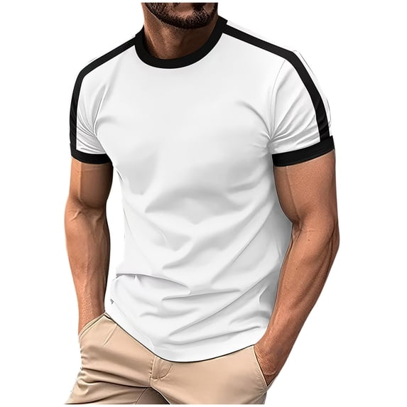 Mens Muscle Fit Short Sleeve T-Shirts Soft Stretch Contrast Ringer Crew Neck Athletic Workout Tee Bodybuilding Training Fitness Tops Summer Running Activewear