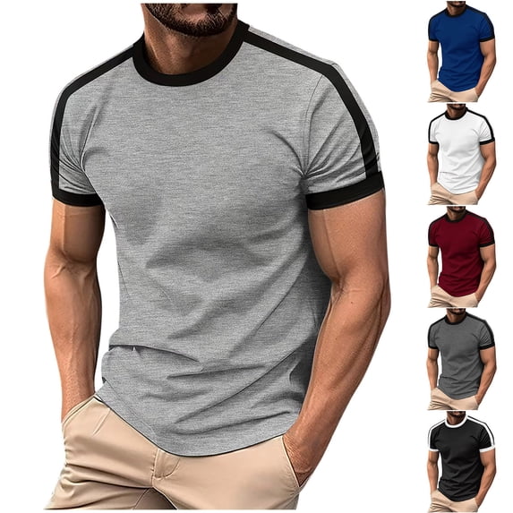 Mens Muscle Fit Short Sleeve T-Shirts Soft Stretch Contrast Ringer Crew Neck Athletic Workout Tee Bodybuilding Training Fitness Tops Summer Running Activewear