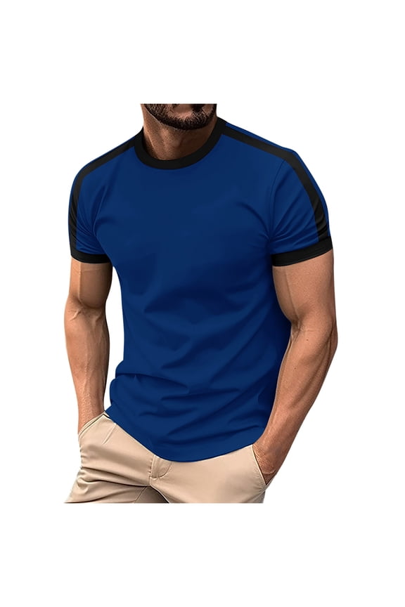 Mens Muscle Fit Short Sleeve T-Shirts Soft Stretch Contrast Ringer Crew Neck Athletic Workout Tee Bodybuilding Training Fitness Tops Summer Running Activewear