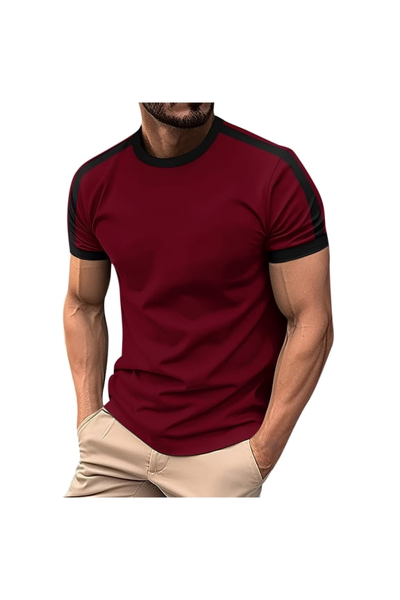 Mens Muscle Fit Short Sleeve T-Shirts Soft Stretch Contrast Ringer Crew Neck Athletic Workout Tee Bodybuilding Training Fitness Tops Summer Running Activewear