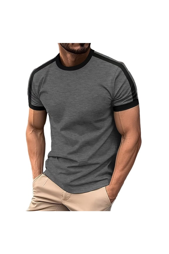 Mens Muscle Fit Short Sleeve T-Shirts Soft Stretch Contrast Ringer Crew Neck Athletic Workout Tee Bodybuilding Training Fitness Tops Summer Running Activewear