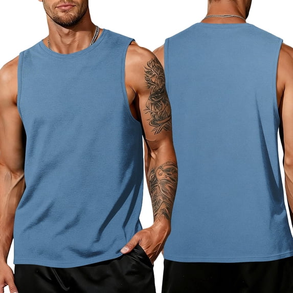Mens Muscle Shirts Summer Sleeveless Crew Neck Clothing Plus Size Beach Vacation Tees Pullover Baggy Workout Tank Tops, L