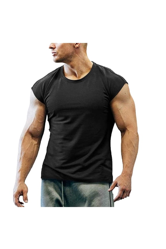 Mens Muscle Slim T-Shirt Basic Cap Sleeve Tees Gym Workout Athletic Shirts Round Neck Sports Blouses Tee