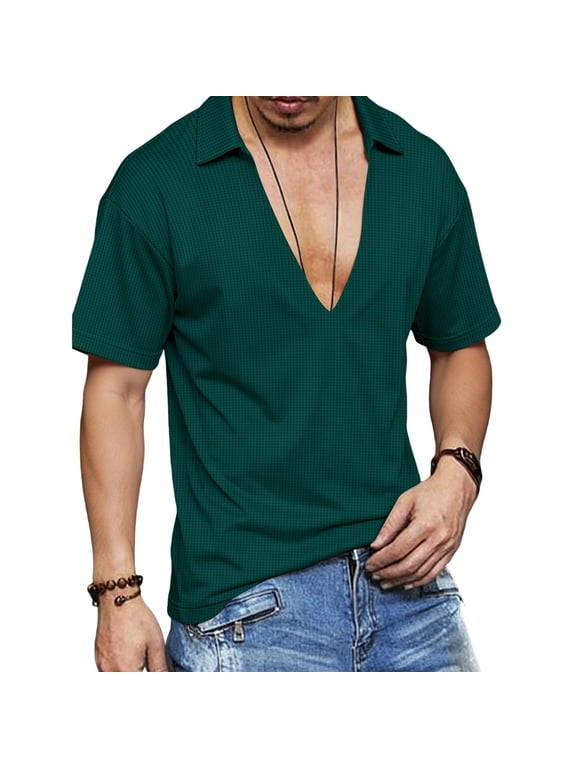 Mens Muscle T Shirts Deep V Neck Short Sleeve Textured Knit Pullover Tops Gym Bodybuilding Ribbed Workout Tee Shirt Green S