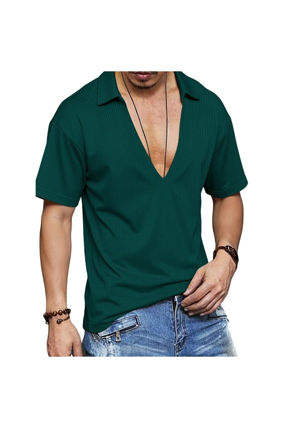 Mens Muscle T Shirts Deep V Neck Short Sleeve Textured Knit Pullover Tops Gym Bodybuilding Ribbed Workout Tee Shirt Green XL