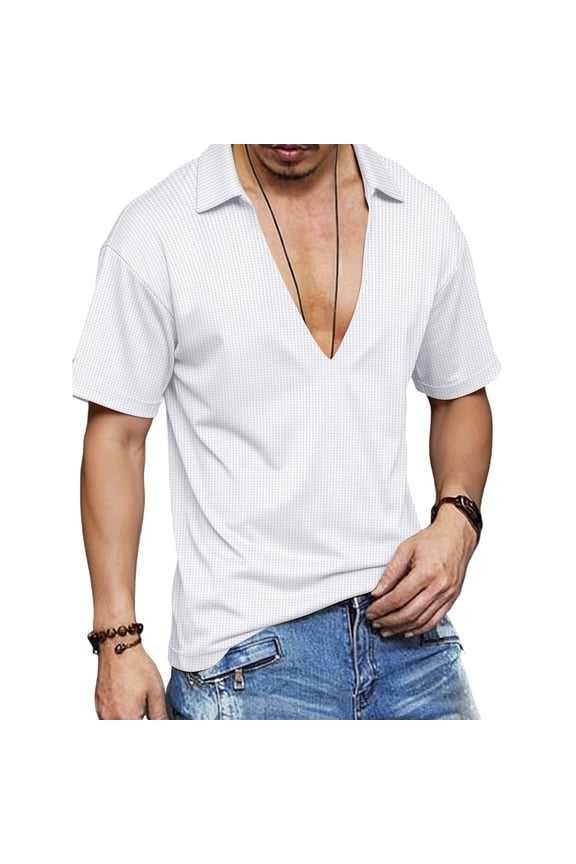 Mens Muscle T Shirts Deep V Neck Short Sleeve Textured Knit Pullover Tops Gym Bodybuilding Ribbed Workout Tee Shirt White S