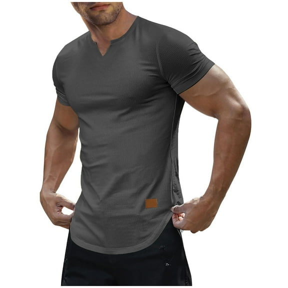 Mens Muscle T Shirts V Neck Short Sleeve Henley Shirt Hipster Longline Gym Workout Athletic Tee Shirts