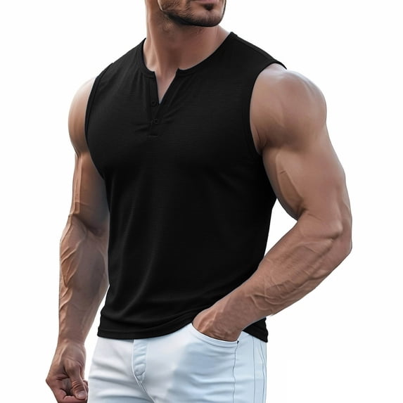 Mens Muscle Tank Tops Button Waffle Sleeveless Workout Gym Slim Fit Henley Shirt Casual Basic Summer Beach Top