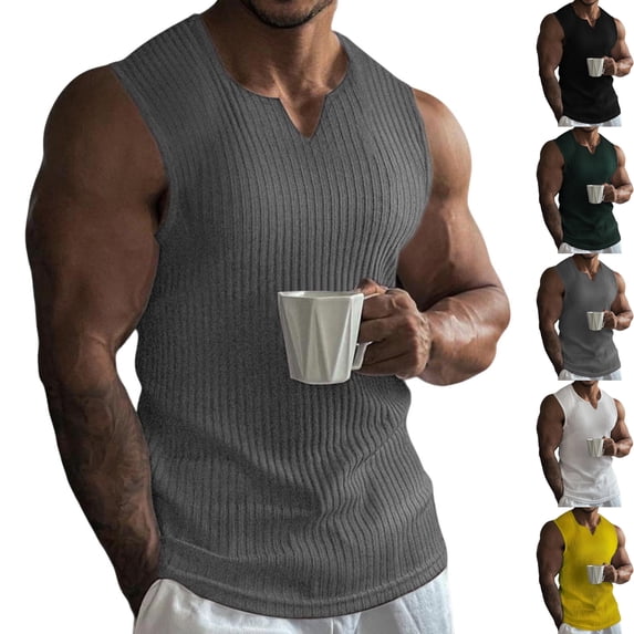 Mens Muscle Tank Tops Casual V Neck Sleeveless T-Shirts Ribbed Knit Workout Training Vest, Summer Breathable Athletic Bodybuilding Performance Tee for Daily Fitness Wear