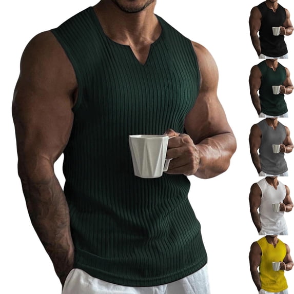 Mens Muscle Tank Tops Casual V Neck Sleeveless T-Shirts Ribbed Knit Workout Training Vest, Summer Breathable Athletic Bodybuilding Performance Tee for Daily Fitness Wear