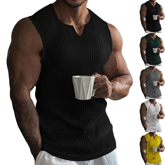 Mens Muscle Tank Tops Casual V Neck Sleeveless T-Shirts Ribbed Knit Workout Training Vest, Summer Breathable Athletic Bodybuilding Performance Tee for Daily Fitness Wear