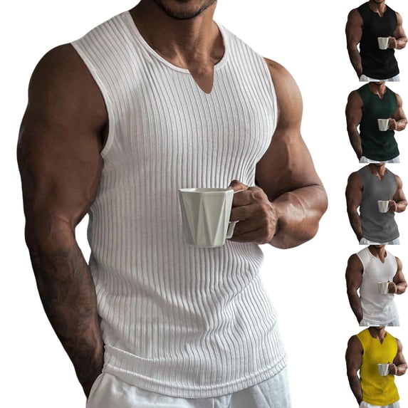 Mens Muscle Tank Tops Casual V Neck Sleeveless T-Shirts Ribbed Knit Workout Training Vest, Summer Breathable Athletic Bodybuilding Performance Tee for Daily Fitness Wear