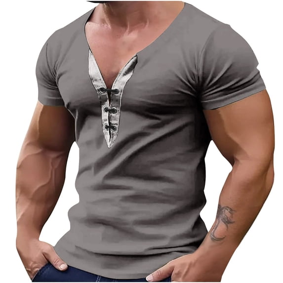 Mens Muscle Tee,Drawstring V-Neck Short Sleeve,Workout Gym Athletic Pullover T-Shirt,Fathers Gift,S-3XL