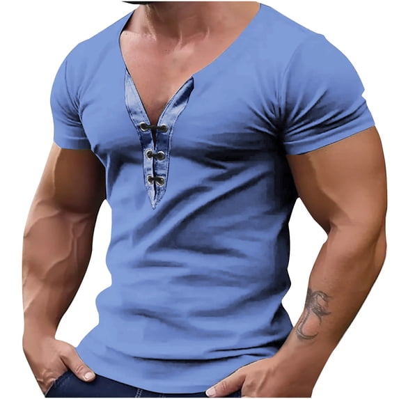 Mens Muscle Tee,Drawstring V-Neck Short Sleeve,Workout Gym Athletic Pullover T-Shirt,Fathers Gift,S-3XL
